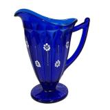 E1 - Fenton Vintage Deep Cobalt Blue Glass Pitcher - Hand Painted, Artist Signed