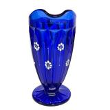 E1 - Fenton Vintage Deep Cobalt Blue Glass Pitcher - Hand Painted, Artist Signed
