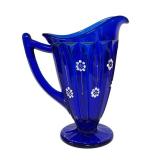 E1 - Fenton Vintage Deep Cobalt Blue Glass Pitcher - Hand Painted, Artist Signed