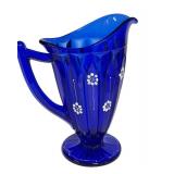 E1 - Fenton Vintage Deep Cobalt Blue Glass Pitcher - Hand Painted, Artist Signed