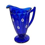 E1 - Fenton Vintage Deep Cobalt Blue Glass Pitcher - Hand Painted, Artist Signed