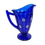 E1 - Fenton Vintage Deep Cobalt Blue Glass Pitcher - Hand Painted, Artist Signed