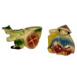 B2 - Shawnee Rickshaw Planter Set of 3 - Asian Themed Man Pulling Cart, Vintage 1940s
