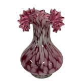 E2 - Vintage Fenton Cranberry Glass Vase - 8in - Ruffled Top Bulb Body