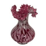 E2 - Vintage Fenton Cranberry Glass Vase - 8in - Ruffled Top Bulb Body