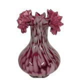 E2 - Vintage Fenton Cranberry Glass Vase - 8in - Ruffled Top Bulb Body