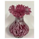 E2 - Vintage Fenton Cranberry Glass Vase - 8in - Ruffled Top Bulb Body