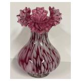 E2 - Vintage Fenton Cranberry Glass Vase - 8in - Ruffled Top Bulb Body