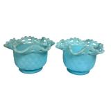 E2 - Fenton Glass Basket Weave Lattice Edge Vases - Pair, Turquoise