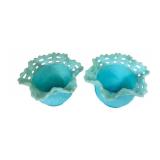 E2 - Fenton Glass Basket Weave Lattice Edge Vases - Pair, Turquoise