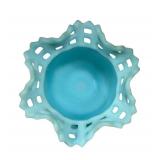 E2 - Fenton Glass Basket Weave Lattice Edge Vases - Pair, Turquoise