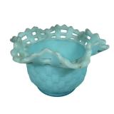 E2 - Fenton Glass Basket Weave Lattice Edge Vases - Pair, Turquoise
