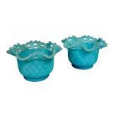 E2 - Fenton Glass Basket Weave Lattice Edge Vases - Pair, Turquoise