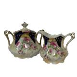 M2 - Antique Porcelain Sugar Caddy & Creamer - Floral Design, 5.5 Inches, Unmarked