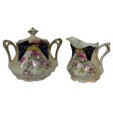 M2 - Antique Porcelain Sugar Caddy & Creamer - Floral Design, 5.5 Inches, Unmarked
