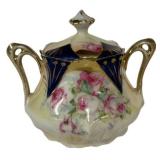 M2 - Antique Porcelain Sugar Caddy & Creamer - Floral Design, 5.5 Inches, Unmarked