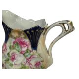M2 - Antique Porcelain Sugar Caddy & Creamer - Floral Design, 5.5 Inches, Unmarked
