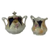 M2 - Antique Porcelain Sugar Caddy & Creamer - Floral Design, 5.5 Inches, Unmarked