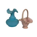 E2 - Fenton Hobnail Pink Basket & Blue Satin Glass Vase - Vintage, Light Wear