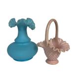 E2 - Fenton Hobnail Pink Basket & Blue Satin Glass Vase - Vintage, Light Wear