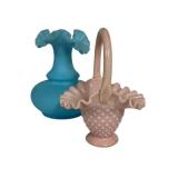 E2 - Fenton Hobnail Pink Basket & Blue Satin Glass Vase - Vintage, Light Wear
