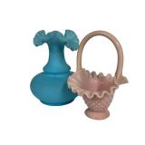 E2 - Fenton Hobnail Pink Basket & Blue Satin Glass Vase - Vintage, Light Wear