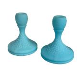 E3 - Fenton Blue Satin Glass Candle Holders (Lot of 3) - Vintage 1974-75