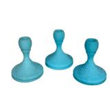 E3 - Fenton Blue Satin Glass Candle Holders (Lot of 3) - Vintage 1974-75
