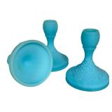 E3 - Fenton Blue Satin Glass Candle Holders (Lot of 3) - Vintage 1974-75