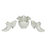 E3 - Vintage Fenton Milk Glass Hobnail Vase With Crimped Edge & Slippers