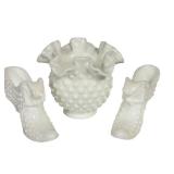 E3 - Vintage Fenton Milk Glass Hobnail Vase With Crimped Edge & Slippers