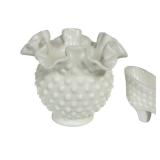 E3 - Vintage Fenton Milk Glass Hobnail Vase With Crimped Edge & Slippers
