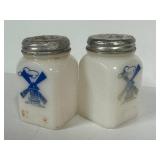 E1 - Vintage Pair of Milk Glass Dutch Windmill Salt & Pepper Shakers