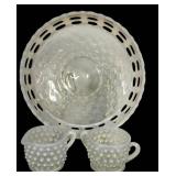 E3 - Fenton Glass French Opalescent Hobnail Cream & Sugar Set & Basket Weave Bowl 8 in (circa 1942-1956 & 1930-36)