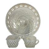 E3 - Fenton Glass French Opalescent Hobnail Cream & Sugar Set & Basket Weave Bowl 8 in (circa 1942-1956 & 1930-36)