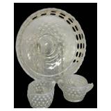 E3 - Fenton Glass French Opalescent Hobnail Cream & Sugar Set & Basket Weave Bowl 8 in (circa 1942-1956 & 1930-36)