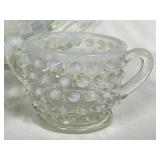 E3 - Fenton Glass French Opalescent Hobnail Cream & Sugar Set & Basket Weave Bowl 8 in (circa 1942-1956 & 1930-36)