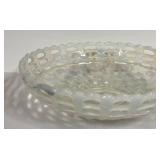 E3 - Fenton Glass French Opalescent Hobnail Cream & Sugar Set & Basket Weave Bowl 8 in (circa 1942-1956 & 1930-36)