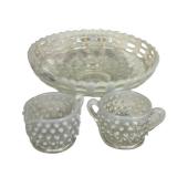 E3 - Fenton Glass French Opalescent Hobnail Cream & Sugar Set & Basket Weave Bowl 8 in (circa 1942-1956 & 1930-36)