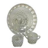 E3 - Fenton Glass French Opalescent Hobnail Cream & Sugar Set & Basket Weave Bowl 8 in (circa 1942-1956 & 1930-36)