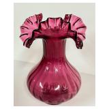 E3 - Vintage Fenton Cranberry Glass Vase 8" - Ruffled Edge