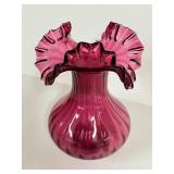 E3 - Vintage Fenton Cranberry Glass Vase 8" - Ruffled Edge