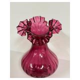 E3 - Vintage Fenton Cranberry Glass Vase 8" - Ruffled Edge