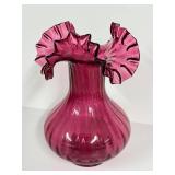 E3 - Vintage Fenton Cranberry Glass Vase 8" - Ruffled Edge
