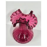 E3 - Vintage Fenton Cranberry Glass Vase 8" - Ruffled Edge
