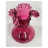 E3 - Vintage Fenton Cranberry Glass Vase 8" - Ruffled Edge