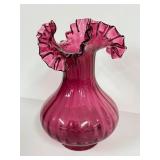 E3 - Vintage Fenton Cranberry Glass Vase 8" - Ruffled Edge