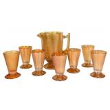C4 - Vintage Carnival Glass Amber Crackle Pitcher & Footed Tumblers - 9-Piece Set