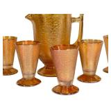 C4 - Vintage Carnival Glass Amber Crackle Pitcher & Footed Tumblers - 9-Piece Set