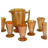 C4 - Vintage Carnival Glass Amber Crackle Pitcher & Footed Tumblers - 9-Piece Set